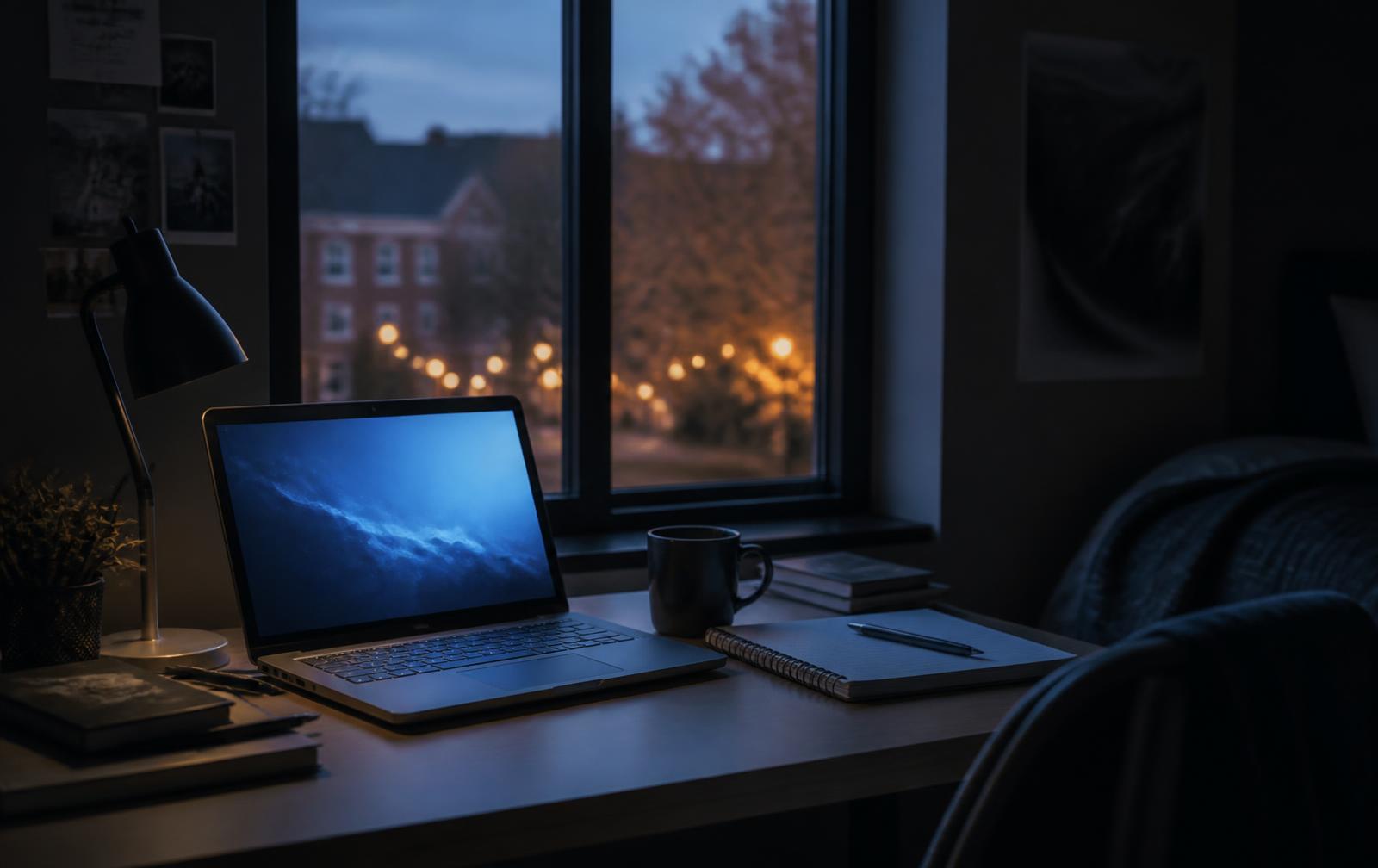 A dorm desk at dusk with a laptop, notebook and coffee, campus lights outside the window
